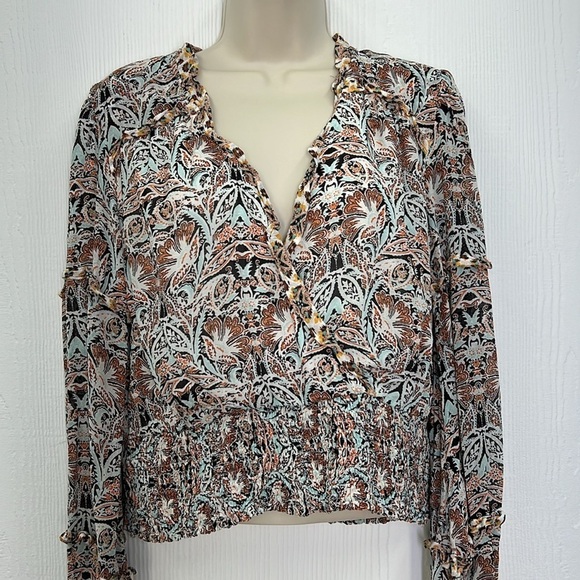 Anthropologie - Paisley Floral Printed Blue Motif Ruffle Deep V Blouse Medium - Picture 5 of 11